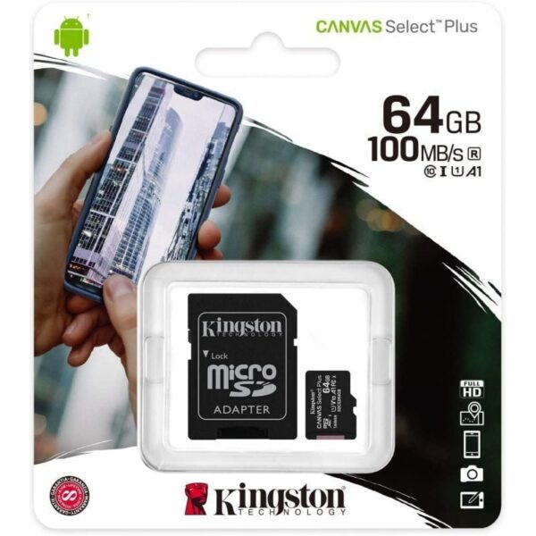 Cartão de memória Kingston CANVAS Select Plus microSD XC de 64 GB com adaptador/ Classe 10/ 100 MB